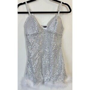 Passion Forever Snow Bunny Silver Sequin Babydoll Teddy Dress Fur Trim Rare Sz S